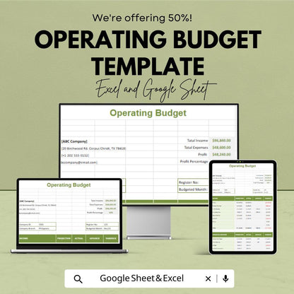 Operating Budget Template | Business Operating Budget Spreadsheet | Excel and Google Sheets Budget Planner | Expense & Income Tracker
