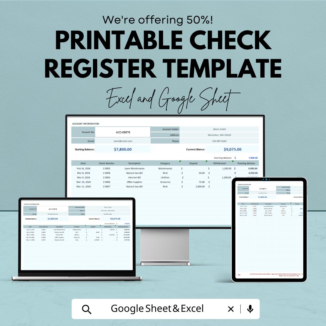 Printable Check Register Template | Checkbook Register | Bank Ledger | Expense Tracker | Account Balance Log | Editable Spreadsheet