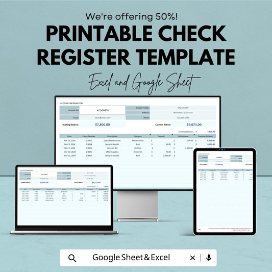 Printable Check Register Template | Checkbook Register | Bank Ledger | Expense Tracker | Account Balance Log | Editable Spreadsheet