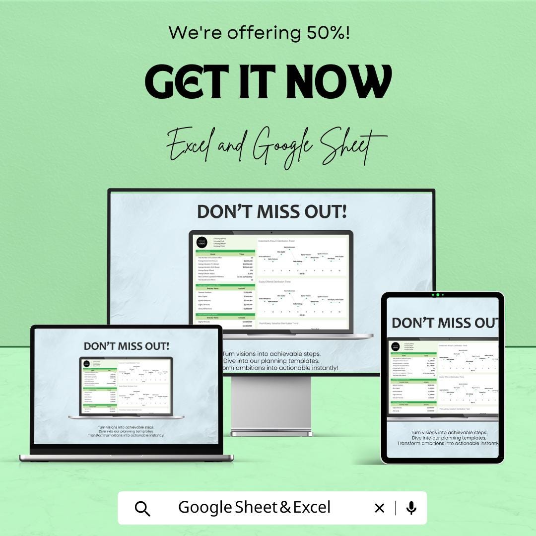 Startup Investment Term Sheet Analysis - Excel & Google Sheet Template for Investment Distribution, Equity Trends, and Financial Analysis