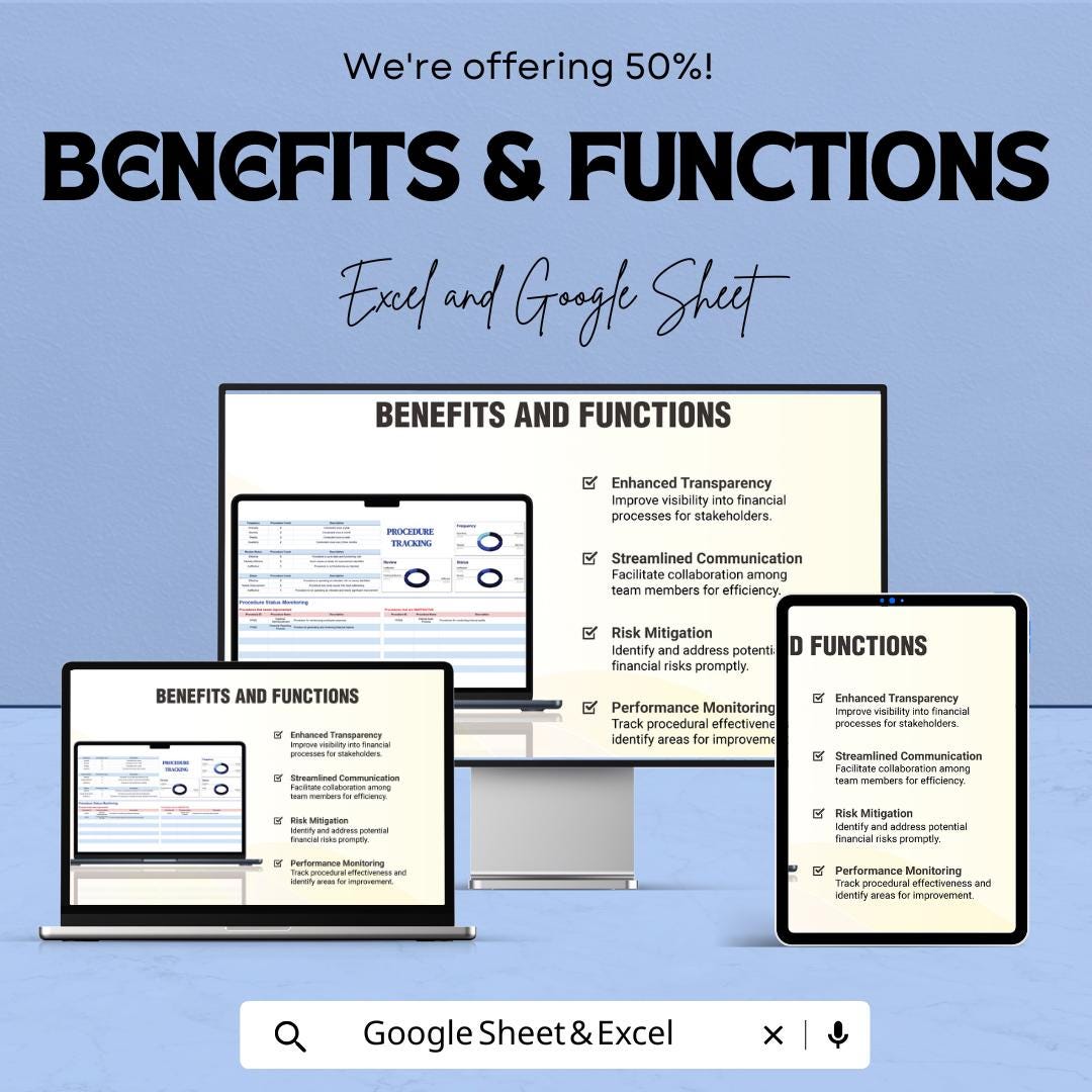Financial Procedure Tracking Sheet | Excel & Google Sheets | Monitor and Optimize Financial Procedures | Customizable | Instant Download