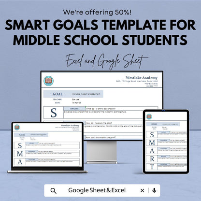 Smart Goals Template for Middle School Students | Goal Setting Worksheet | Academic Planner | Student Progress Tracker