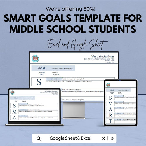 Smart Goals Template for Middle School Students | Goal Setting Worksheet | Academic Planner | Student Progress Tracker