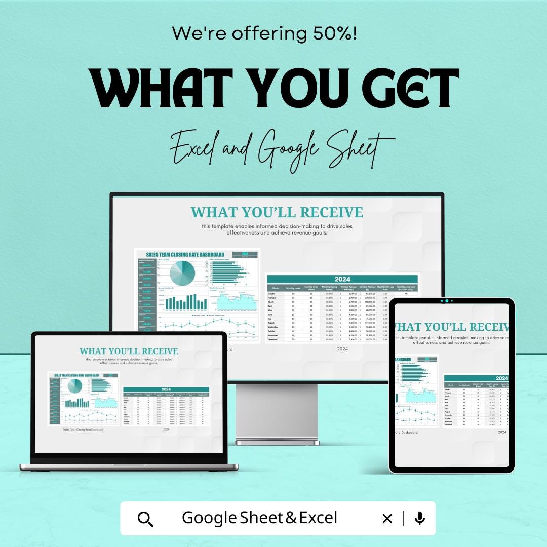 Sales Team Closing Rate Dashboard Sheet | Excel & Google Sheets Template | Monitor Sales Performance, Visual Metrics, and Data Insights