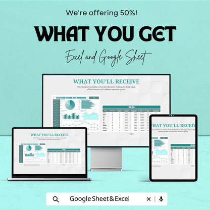 Sales Team Closing Rate Dashboard Sheet | Excel & Google Sheets Template | Monitor Sales Performance, Visual Metrics, and Data Insights