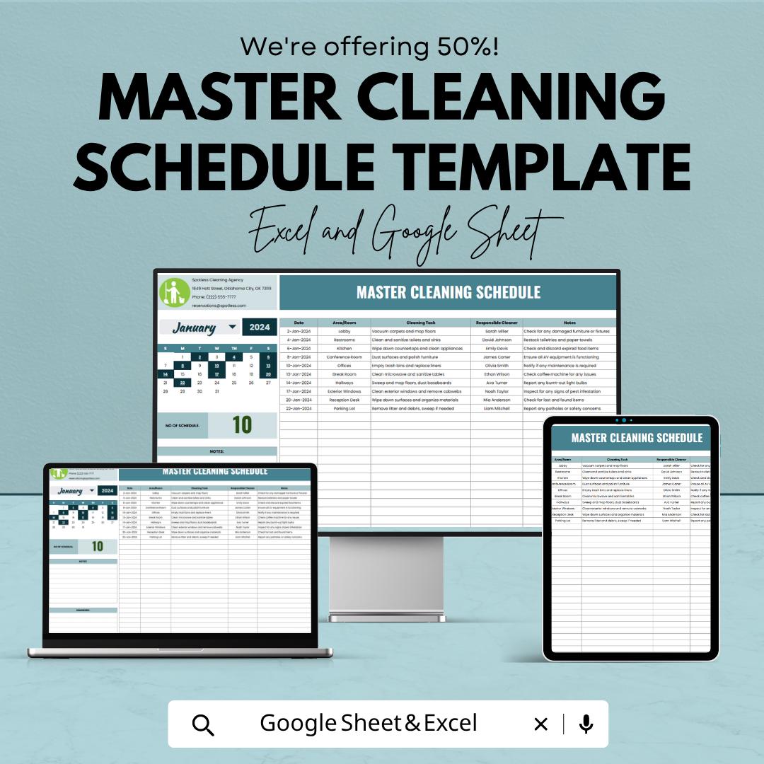 Master Cleaning Schedule Template | Cleaning Planner Spreadsheet | Cleaning Checklist Log | Housekeeping Schedule