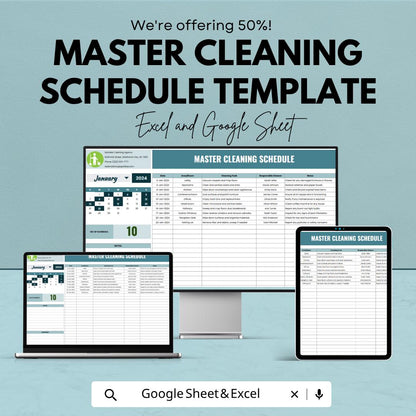 Master Cleaning Schedule Template | Cleaning Planner Spreadsheet | Cleaning Checklist Log | Housekeeping Schedule