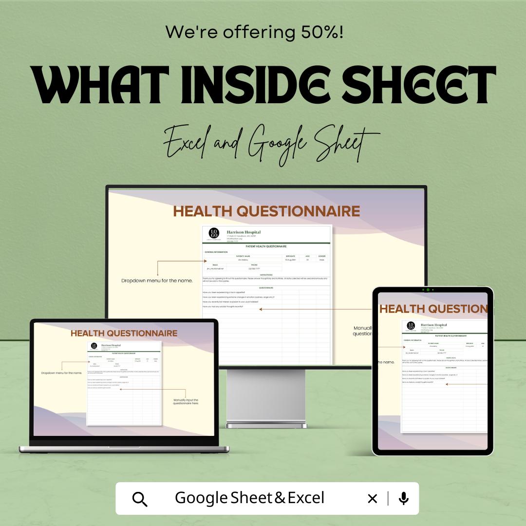 Health Questionnaire Template - Editable Excel & Google Sheets - Patient Information, Medical Form, Health Survey