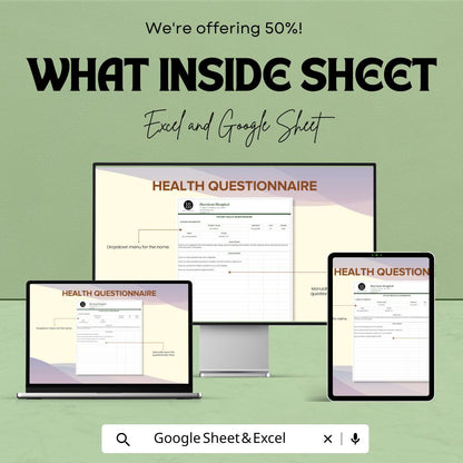 Health Questionnaire Template - Editable Excel & Google Sheets - Patient Information, Medical Form, Health Survey