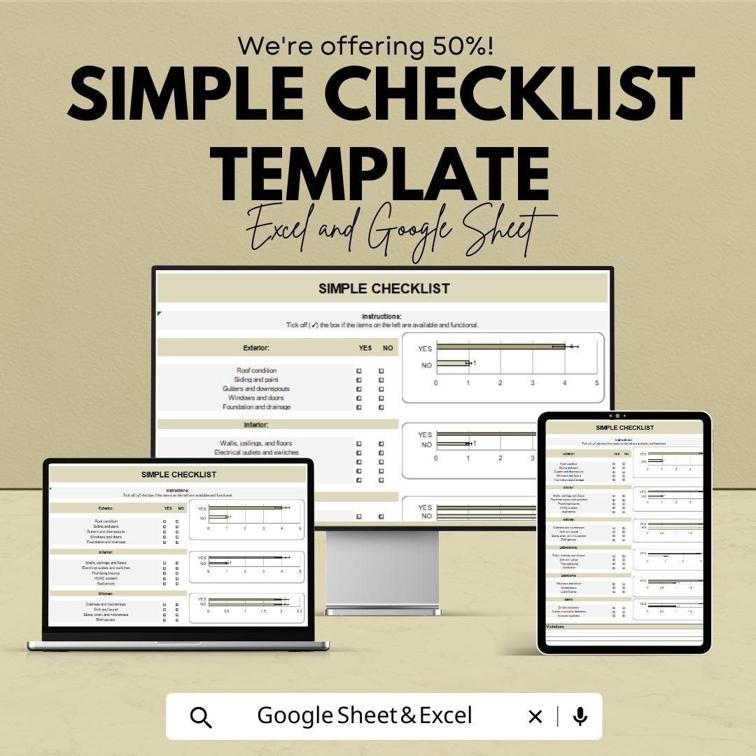 Simple Checklist Template | Task Tracker Excel and Google Sheet | Editable To-Do List | Project & Home Organization Planner