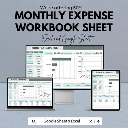 Monthly Expense Workbook Sheet – Excel & Google Sheets – Budget Planner for Tracking Expenses and Income – Personal Finance Spreadsheet
