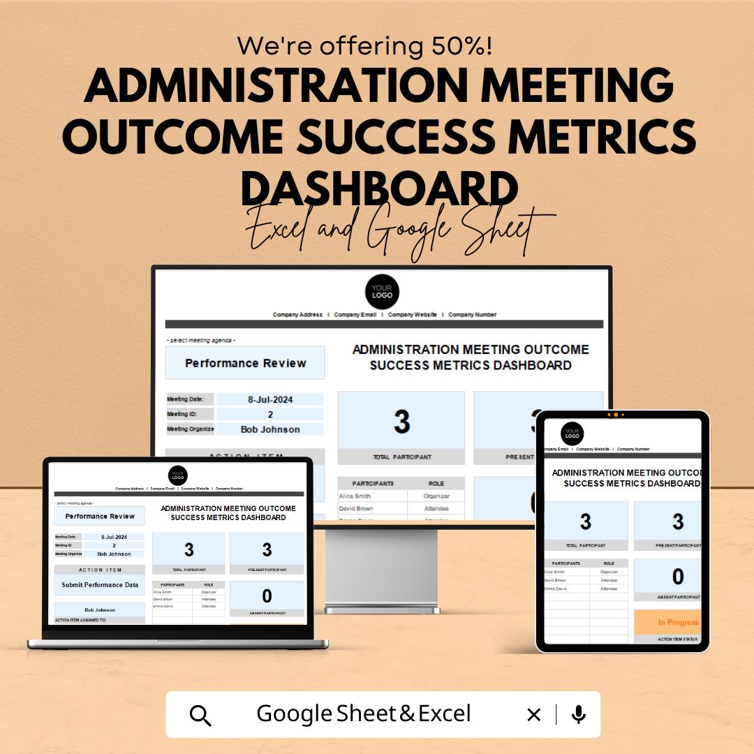 Administration Meeting Outcome Success Metrics Dashboard – Excel & Google Sheets Template for Meeting Tracking