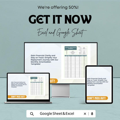 Monthly Amortization Schedule Template | Loan Payment Spreadsheet | Loan Amortization Calculator | Monthly Payment Tracker
