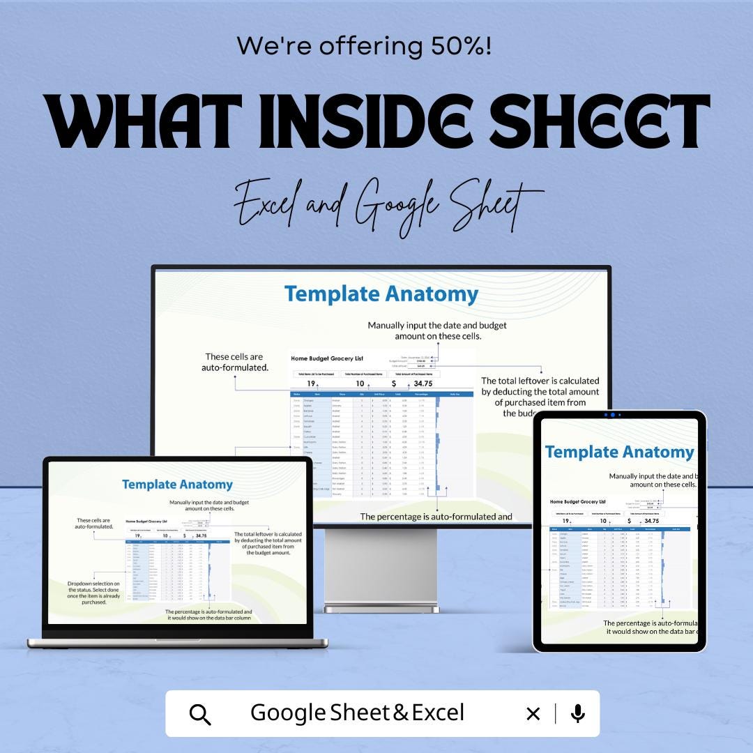 Home Budget Grocery List Template - Excel and Google Sheets | Budget Tracker & Grocery Shopping Organizer