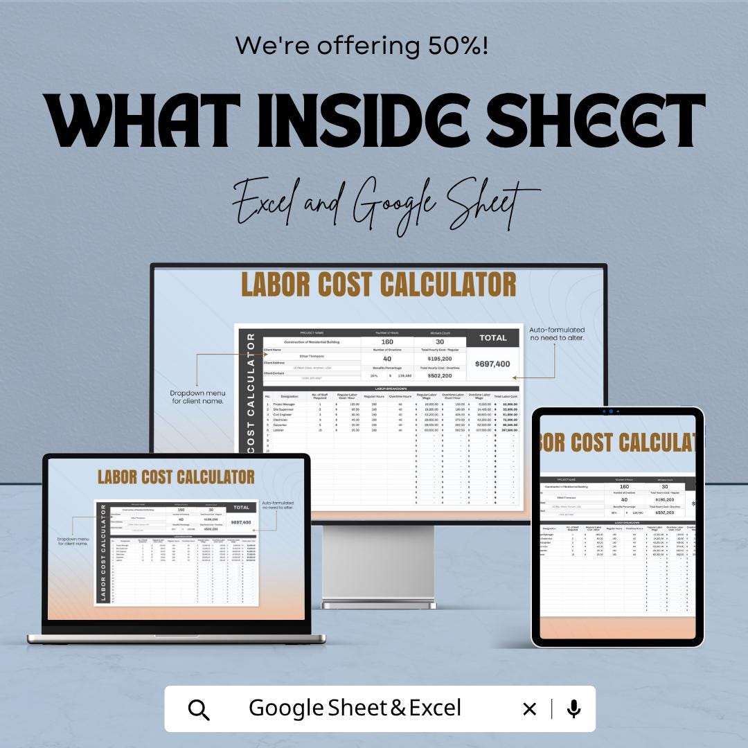 Labor Cost Calculator Template | Project Cost Estimator Spreadsheet | Construction Budget Planner | Workforce Cost Tracker