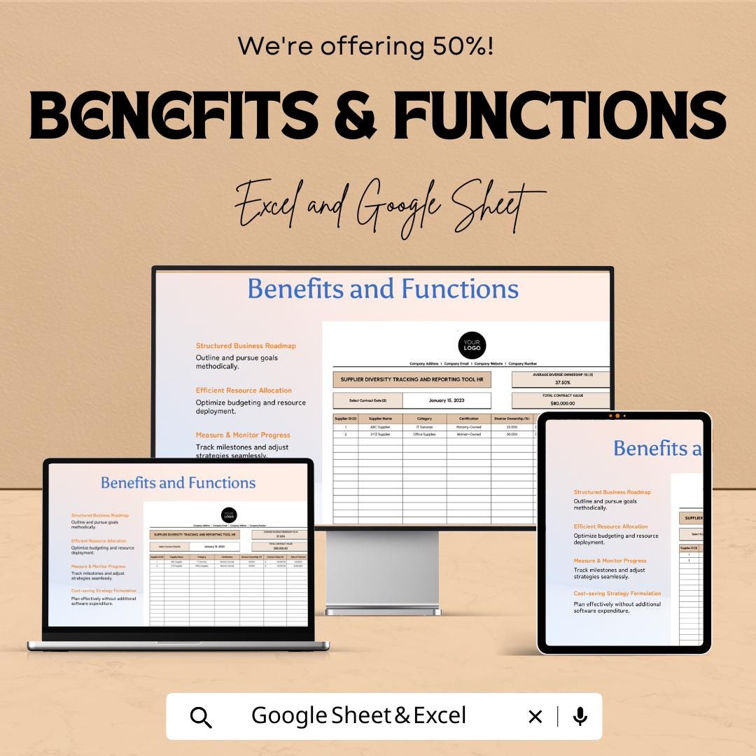 Supplier Diversity Tracking and Reporting Tool HR Template | Supplier Diversity Spreadsheet | DEI Reporting Tracker | Excel & Google Sheets