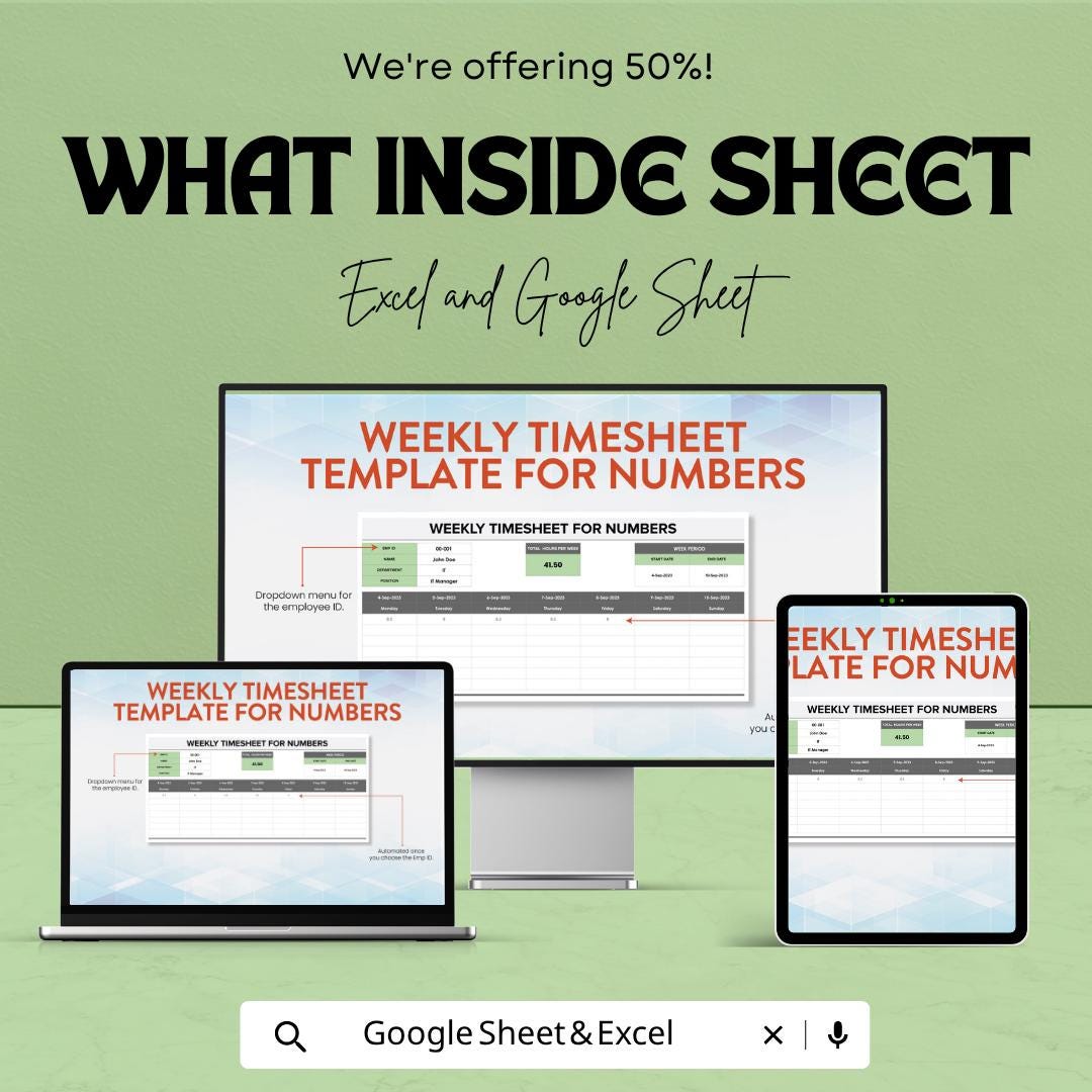 Weekly Timesheet Template for Numbers | Employee Timesheet Spreadsheet | Weekly Work Hours Tracker | Payroll Time Log Sheet