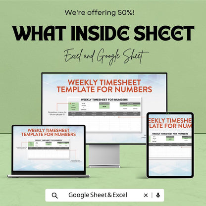 Weekly Timesheet Template for Numbers | Employee Timesheet Spreadsheet | Weekly Work Hours Tracker | Payroll Time Log Sheet