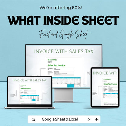 Invoice with Sales Tax Template Sheet - Editable Excel and Google Sheet | Simple & Professional Sales Invoice for Small Businesses