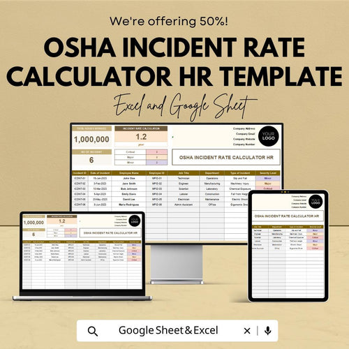 OSHA Incident Rate Calculator HR Template | Trip & DART Safety Tracker | Excel and Google Sheets | Workplace Safety Compliance Spreadsheet