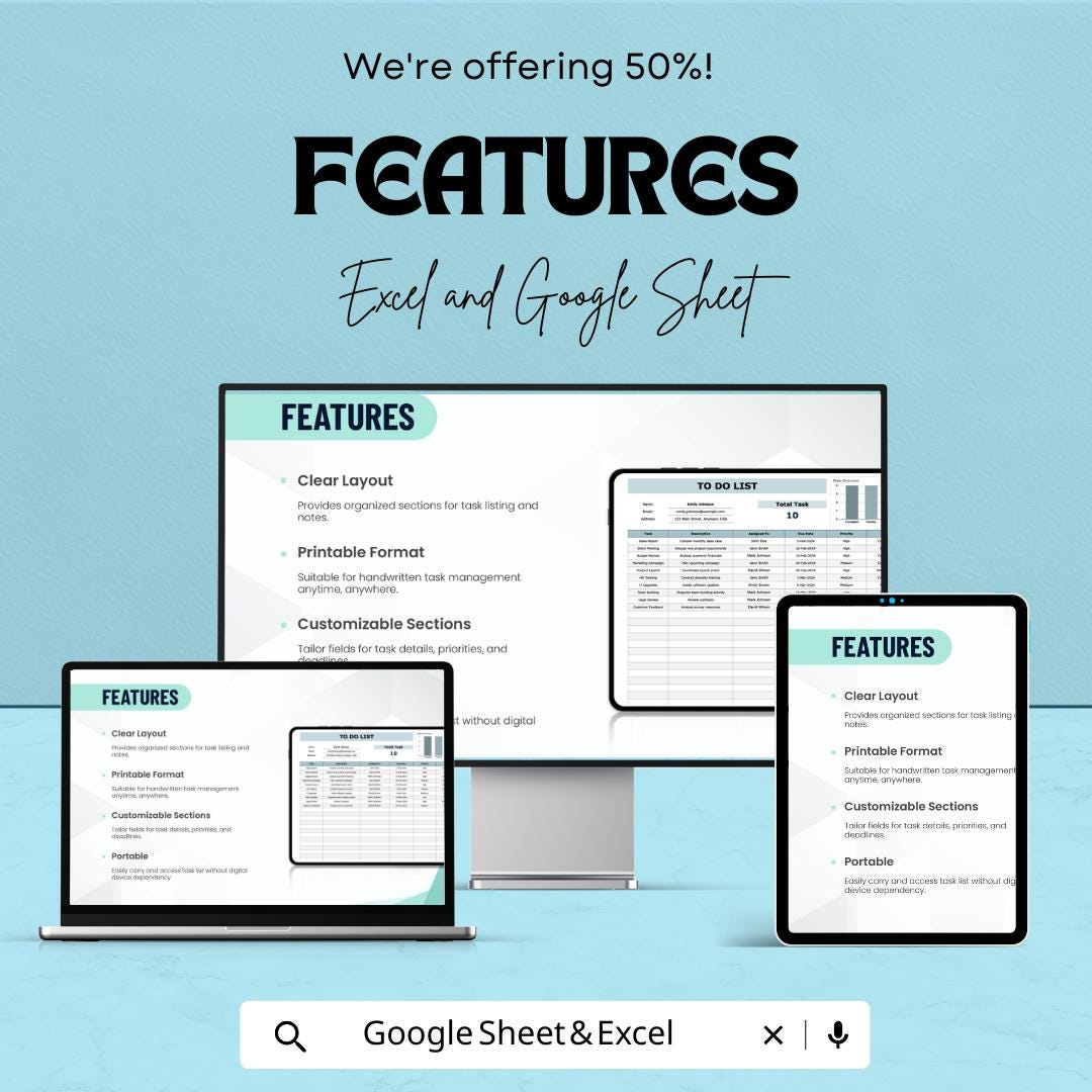 Printable To Do List Excel & Google Sheet | Task Tracker | Daily Planner | Editable Productivity Spreadsheet | Instant Download