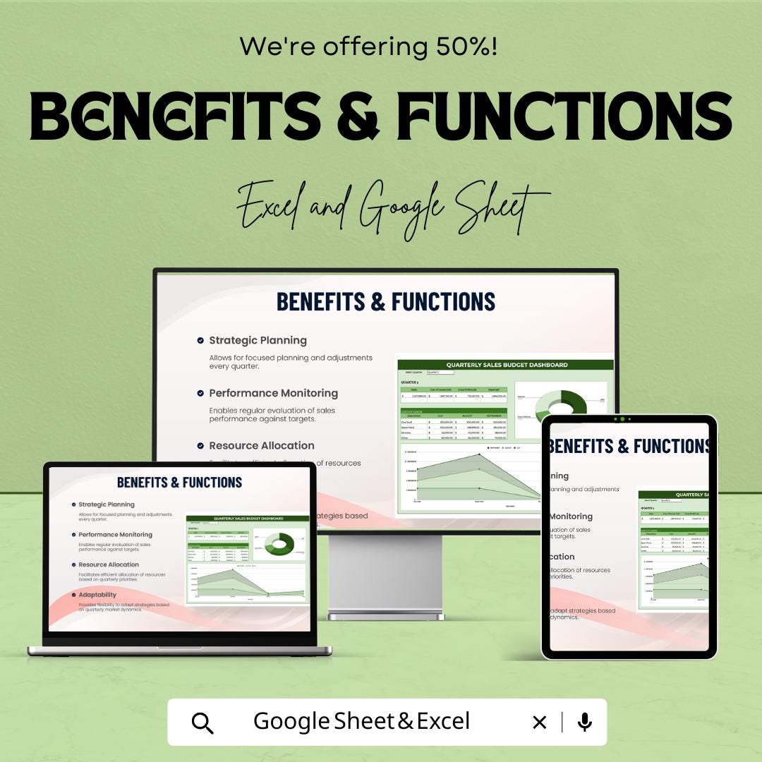 Quarterly Sales Budget Template | Sales Budget Planner | Quarterly Revenue Forecast | Excel & Google Sheets | Sales Planning Spreadsheet