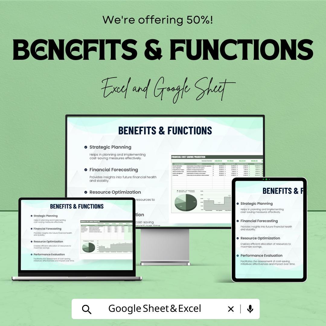 Financial Cost Saving Projection Template | Cost Analysis, Savings Forecast, Budget Planning, Financial Modeling Template