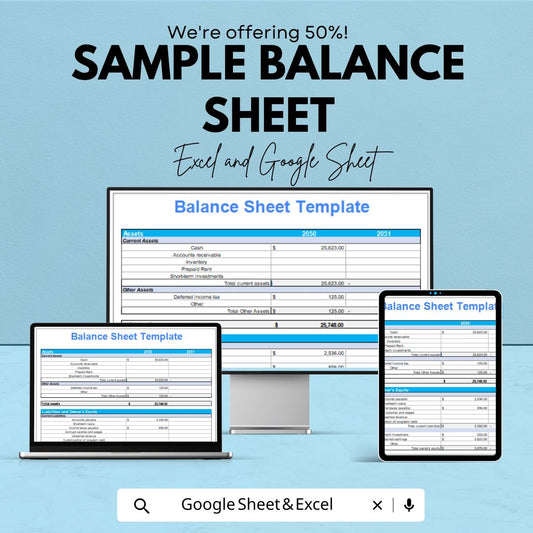 Sample Balance Sheet | Excel and Google Sheet | Business Financial Statement Template | Assets Liabilities Tracker | Finance Planner