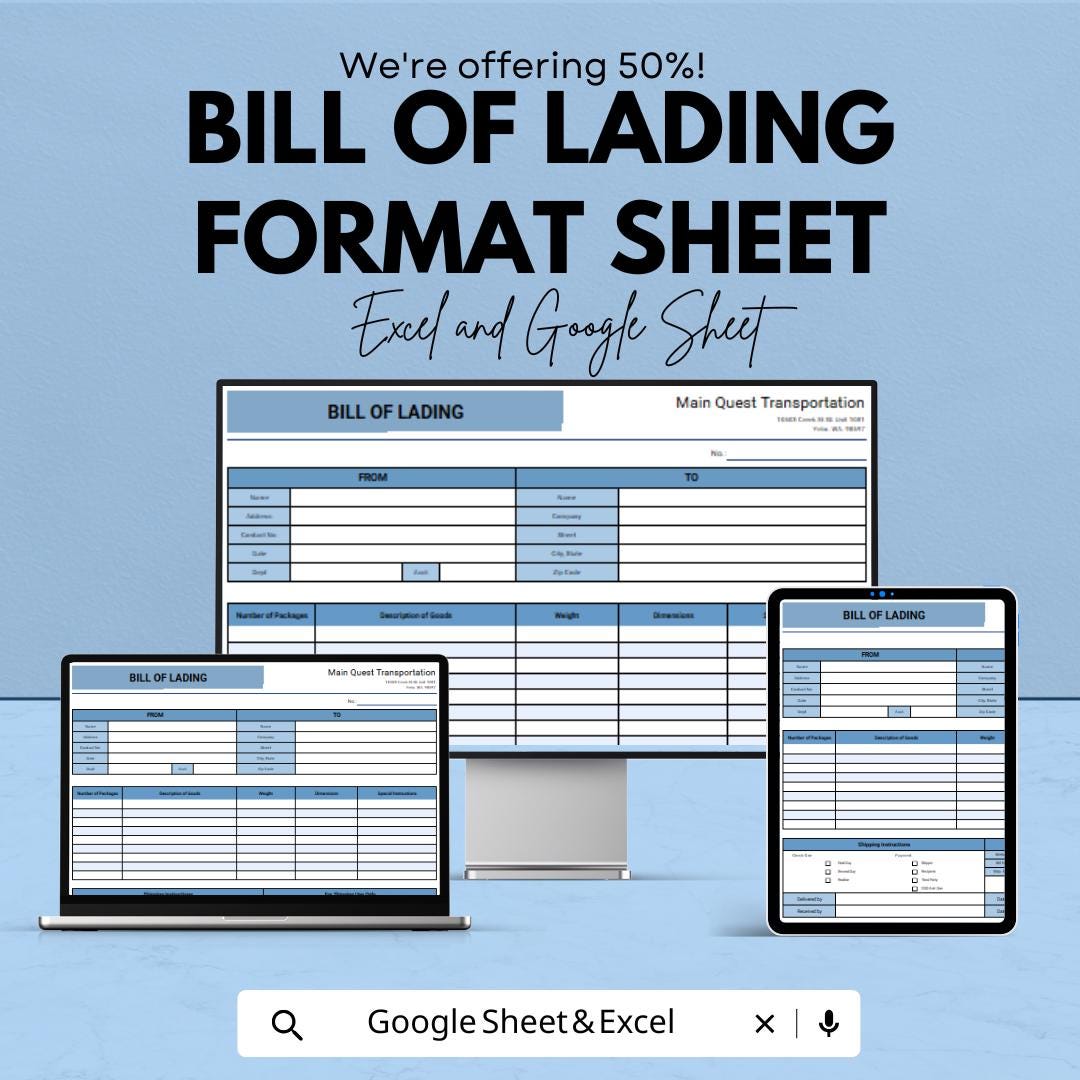 Bill of Lading Format Template - Excel & Google Sheets, Shipping Documentation, Freight Bill, Logistics Tracker, Digital Download,