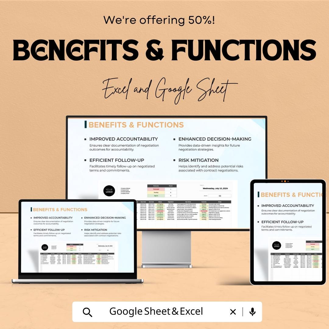 Legal Contract Negotiation Outcome Tracker Template | Excel & Google Sheets | Contract Management Spreadsheet | Lawyer Negotiation Tracker
