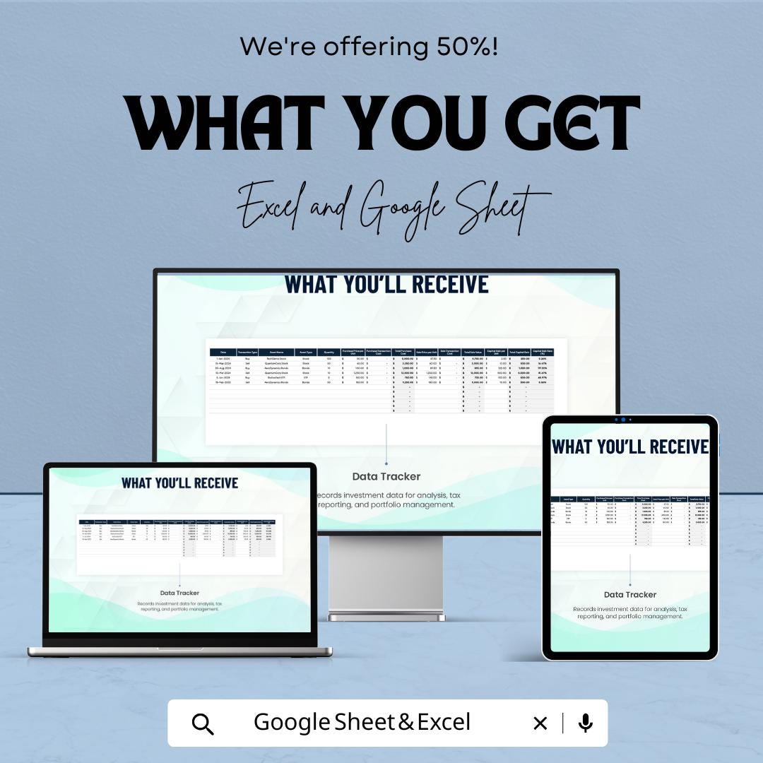 Financial Capital Gains Tracking Template | Investment Tracker | Gain Loss Calculator | Tax Reporting Organizer | Portfolio Tracking Sheet