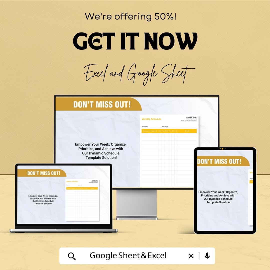 Weekly Schedule Sheet – Excel & Google Sheet Template | Employee and Task Planner | 50% Off
