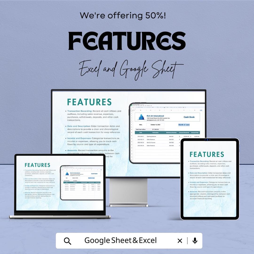 Cash Book Sheet | Excel and Google Sheets | Income & Expense Tracker | Cash Flow Management Template | Editable Finance Sheet