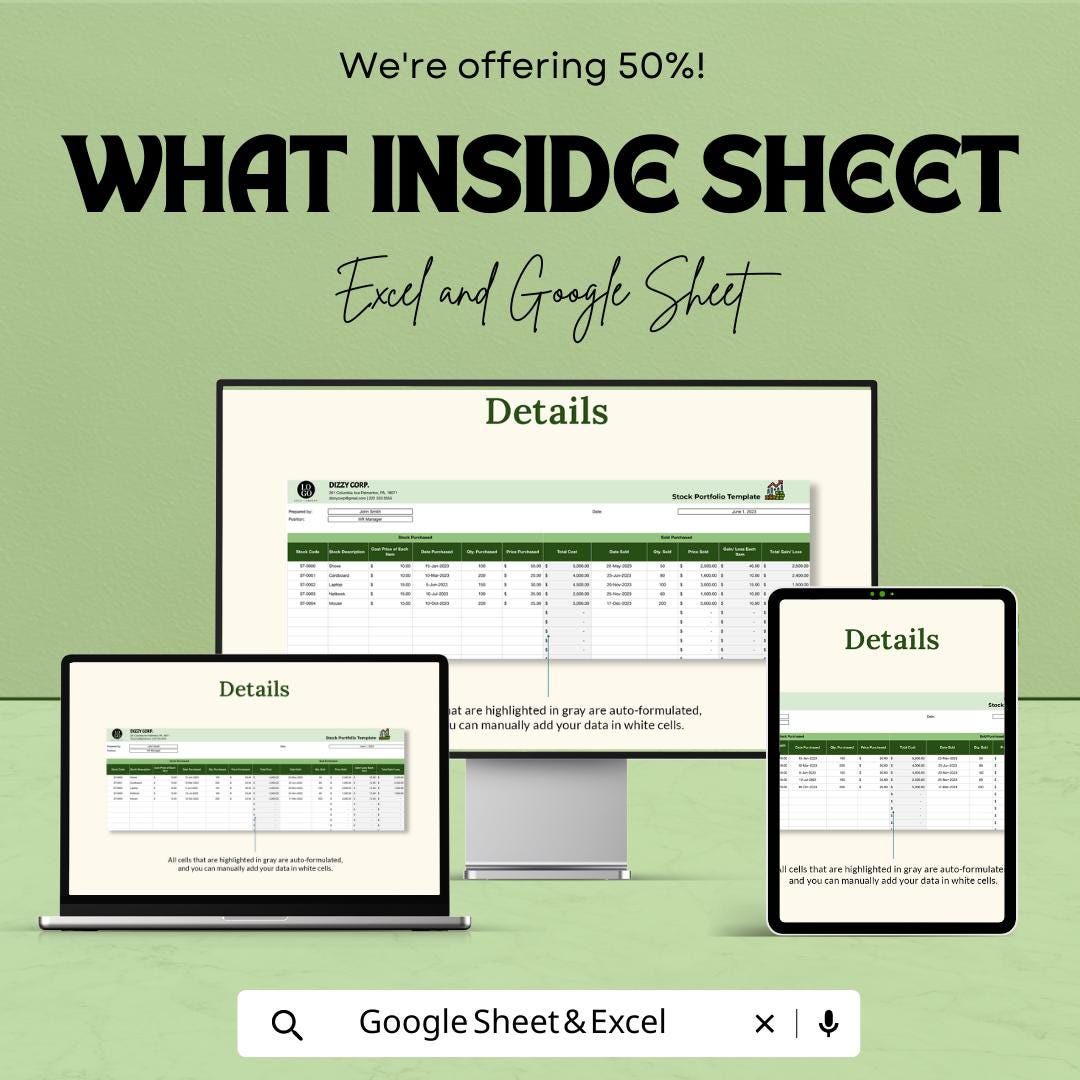 Stock Portfolio Template | Excel & Google Sheets | Investment Tracker | Stock Trading Spreadsheet | Portfolio Performance Tracker