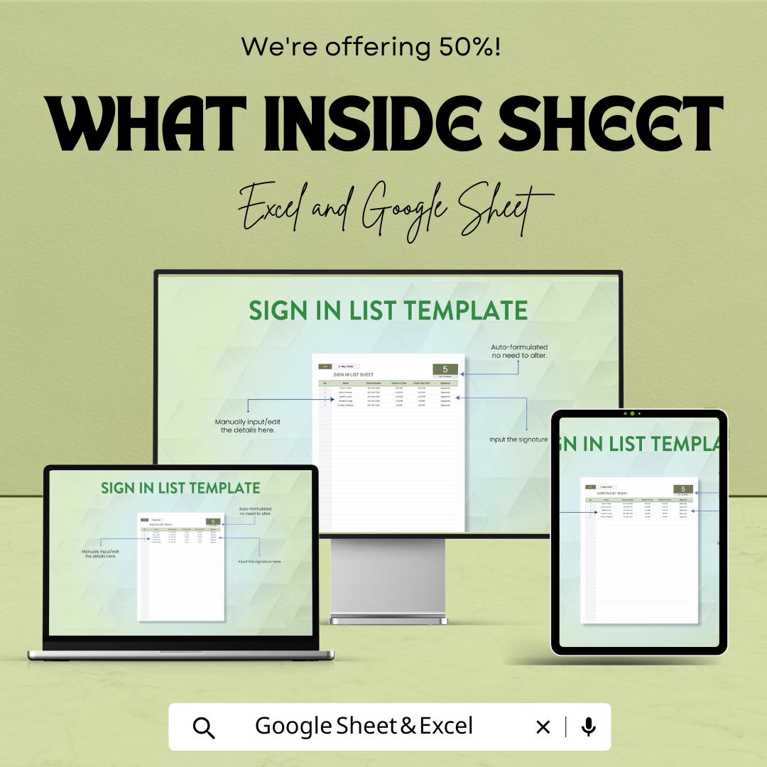 Sign In List Sheet | Editable Attendance Tracker | Excel and Google Sheets Template | Printable Sign-In Log | Check-In & Out Record Sheet