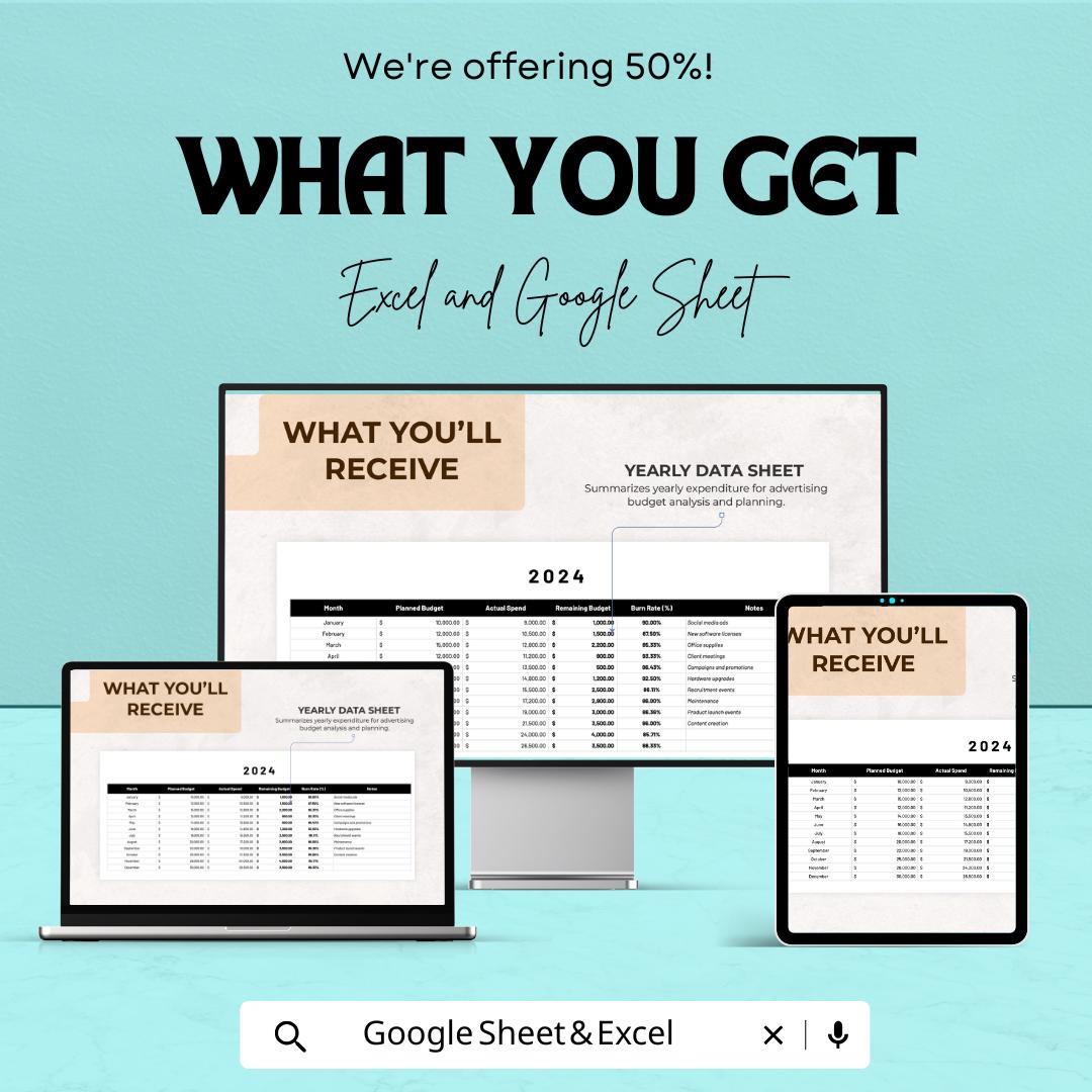 Advertising Budget Burn Rate Worksheet – Excel & Google Sheets – Track and Manage Advertising Spend Efficiently – 50% OFF