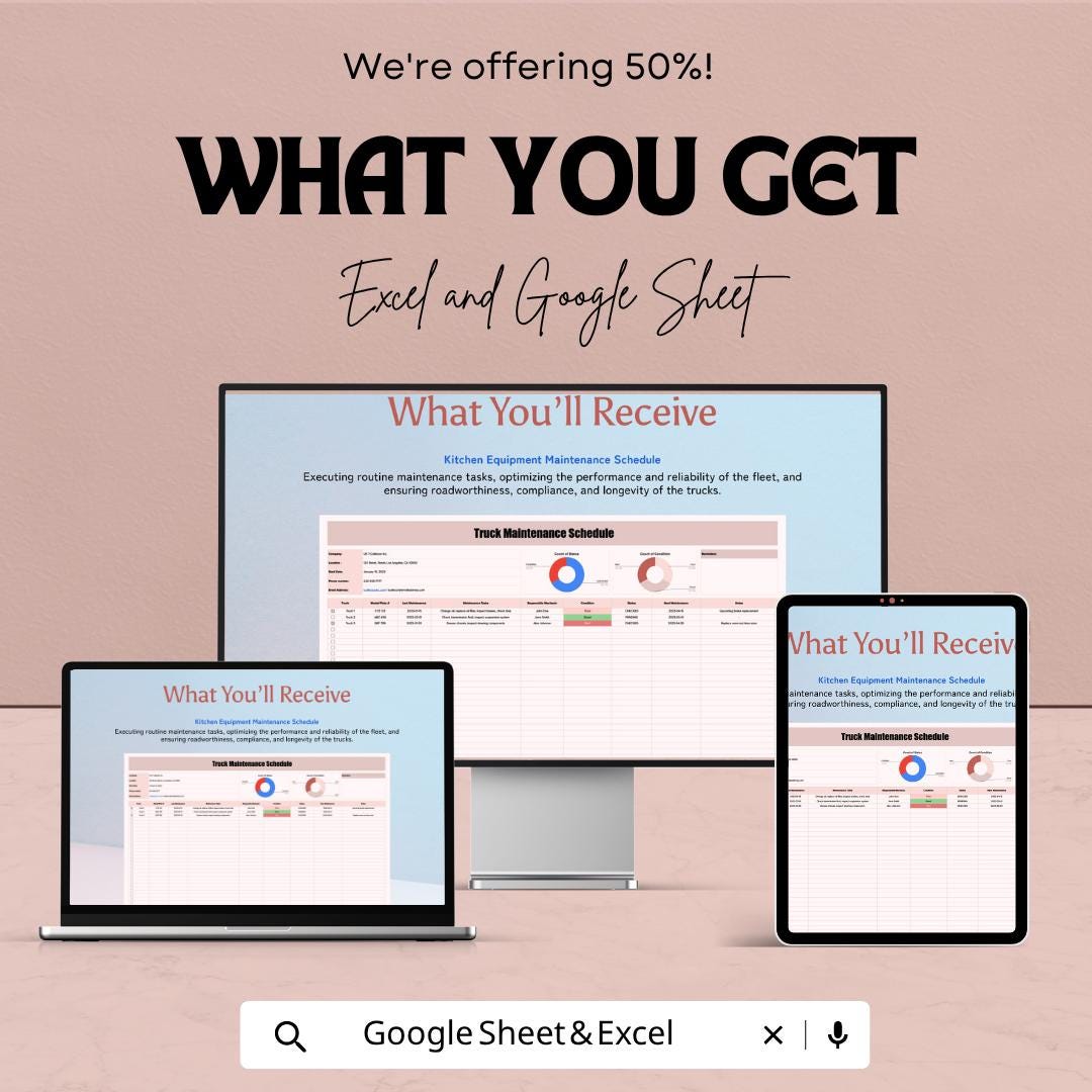 Truck Maintenance Schedule Template | Fleet Maintenance Tracker Google Sheets | Vehicle Service Log | Truck Maintenance Log Planner