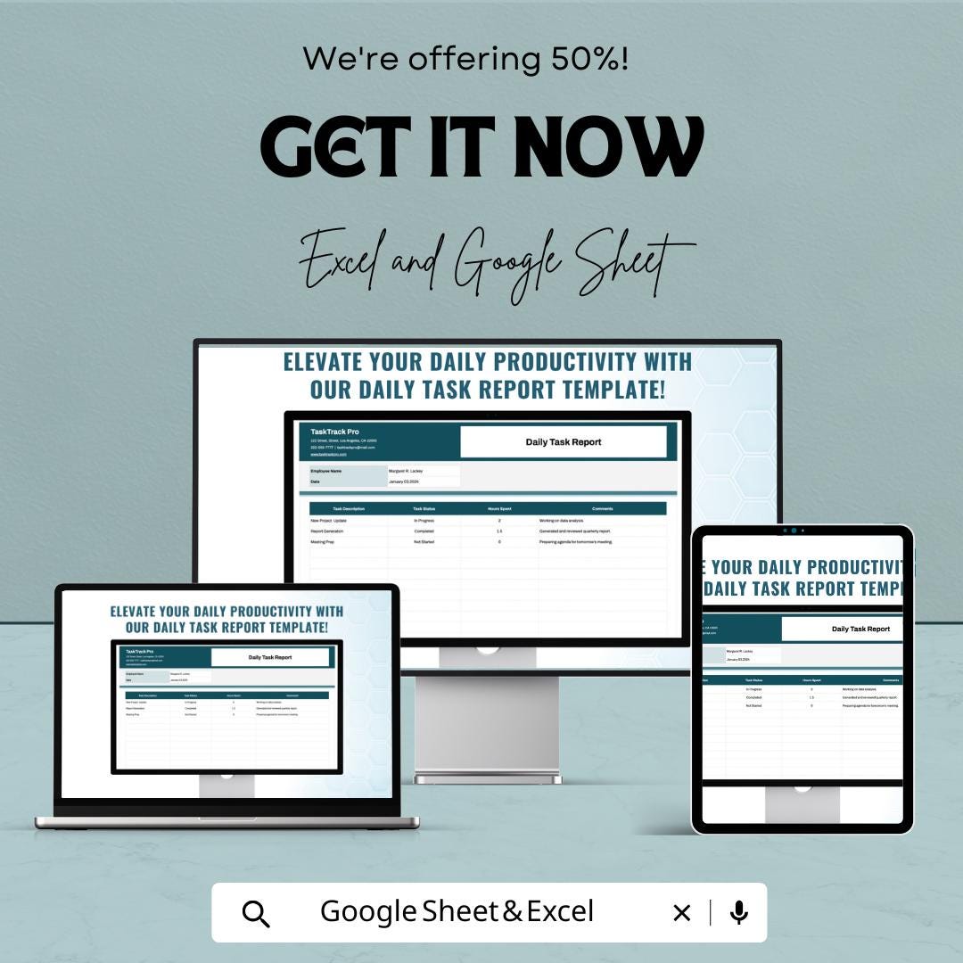 Daily Task Report Sheet for Excel and Google Sheets – 50% Off – Productivity Tracker & Task Management Template