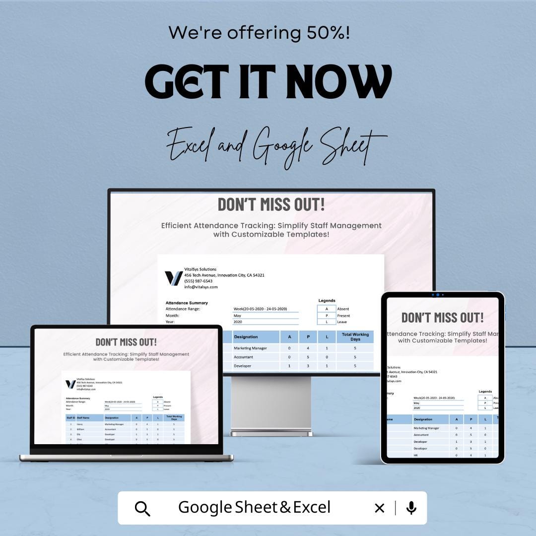 Sample Staff Attendance Sheet Template | Employee Attendance Tracker | Work Attendance Log | Excel & Google Sheets
