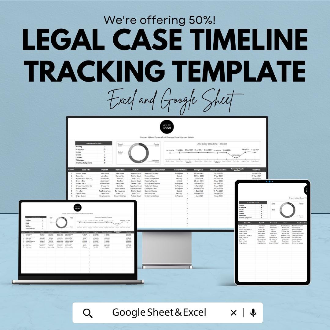 Legal Case Timeline Tracker Template, Law Office Deadline Tracker, Attorney Case Management, Excel & Google Sheets Legal Timeline Tool