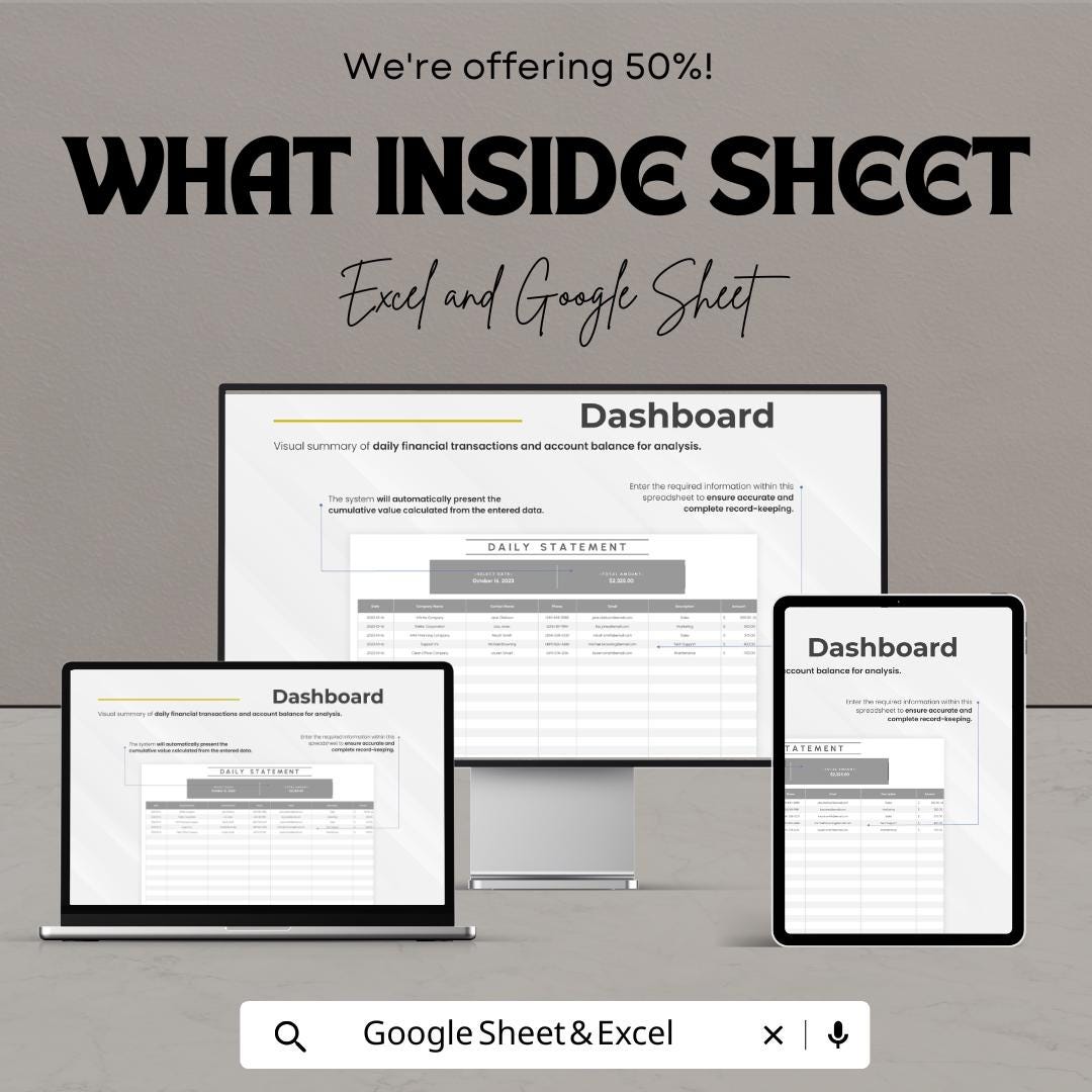 Daily Statement Template | Excel and Google Sheet Tracker | Business Finance Tracker | Income & Expense Report Spreadsheet