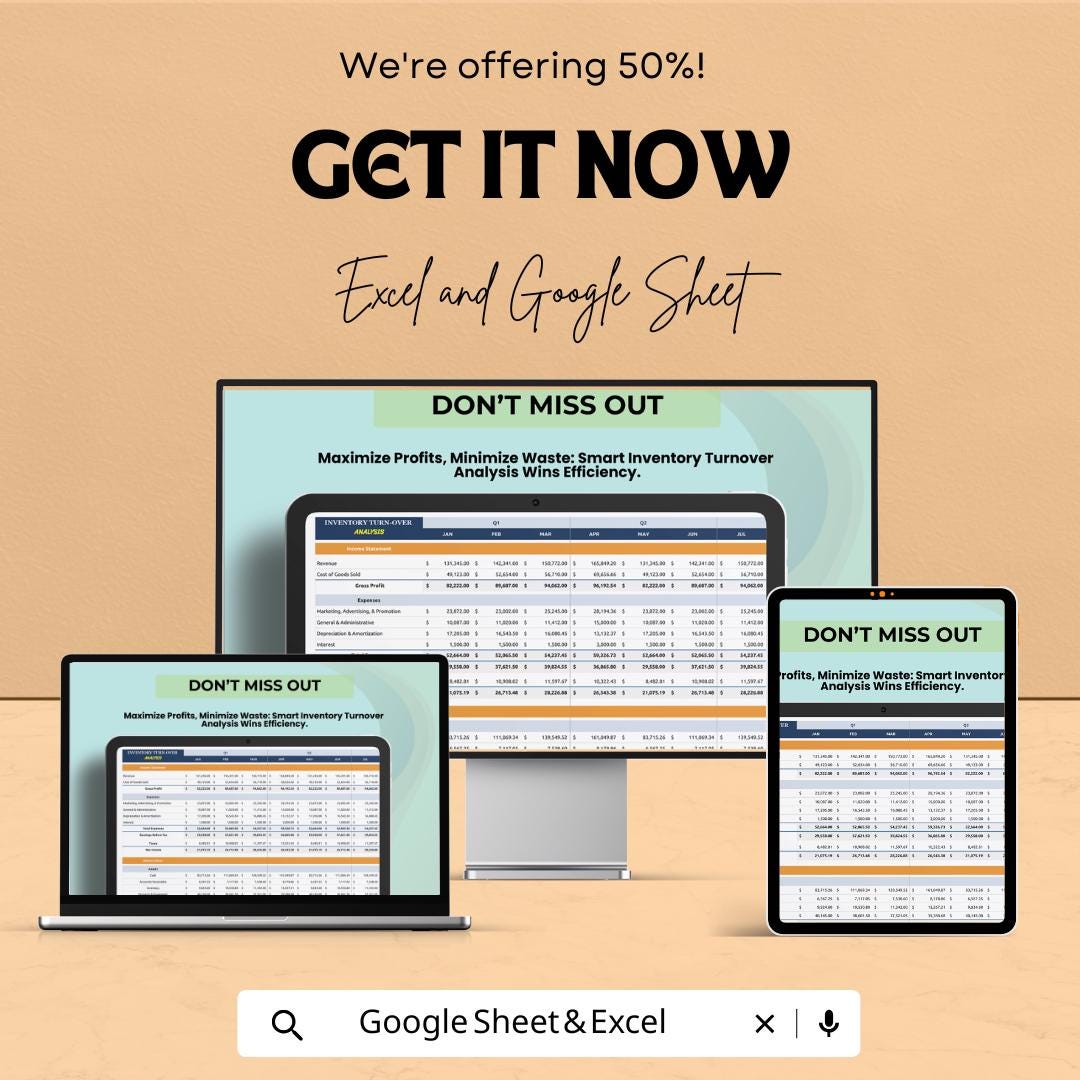 Inventory Turnover Analysis Template | Excel & Google Sheets | Inventory Management Spreadsheet | Business Finance Dashboard