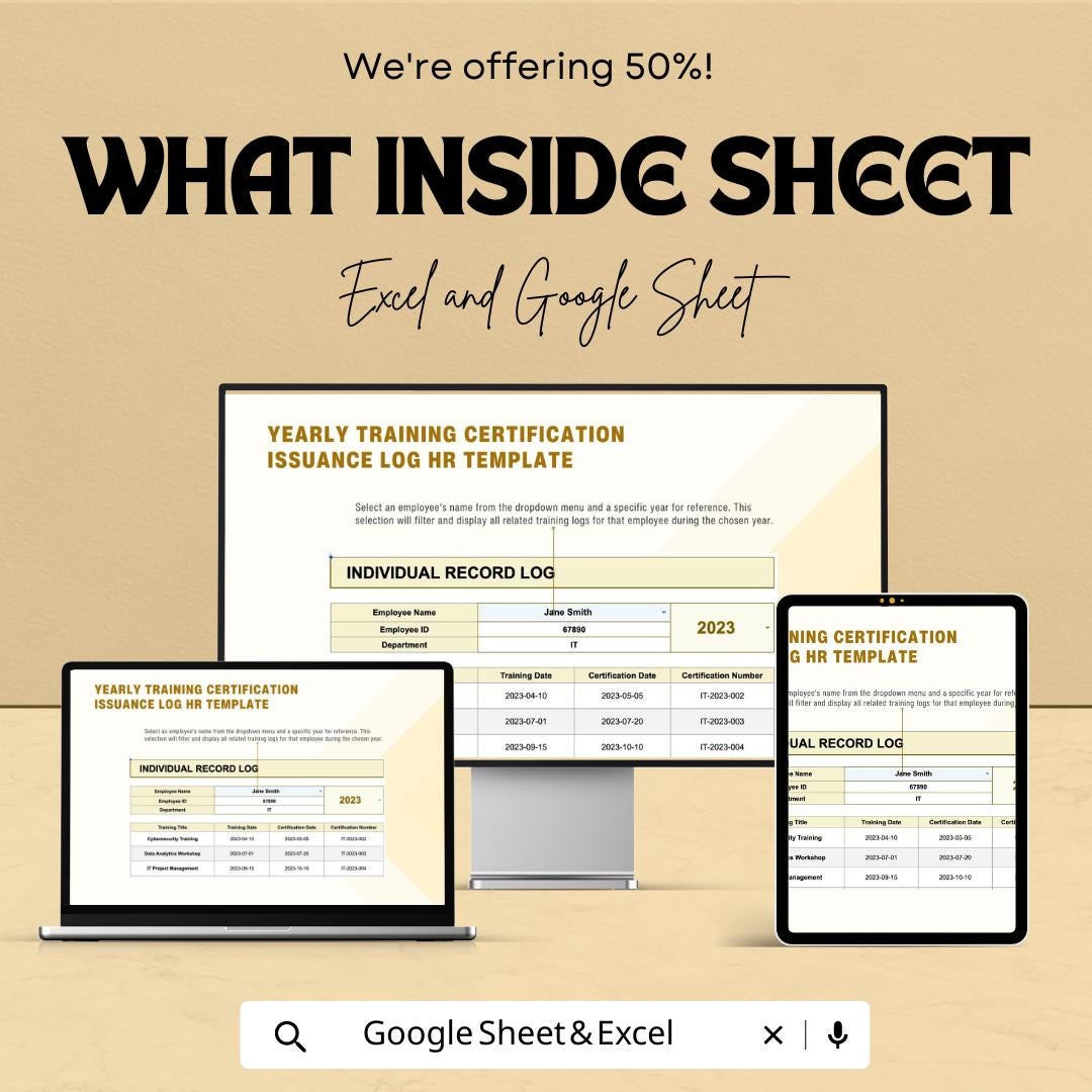 Yearly Training Certification Issuance Log Template | HR Training Tracker Excel & Google Sheets | Employee Certification Record Spreadsheet