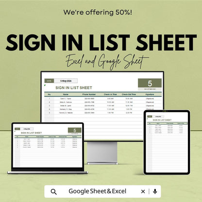Sign In List Sheet | Editable Attendance Tracker | Excel and Google Sheets Template | Printable Sign-In Log | Check-In & Out Record Sheet