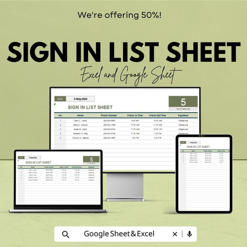 Sign In List Sheet | Editable Attendance Tracker | Excel and Google Sheets Template | Printable Sign-In Log | Check-In & Out Record Sheet