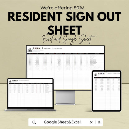 50% Off - Resident Sign Out Sheet for Excel & Google Sheets | Departure Tracker | Residential Management | Organize Resident Check-Outs