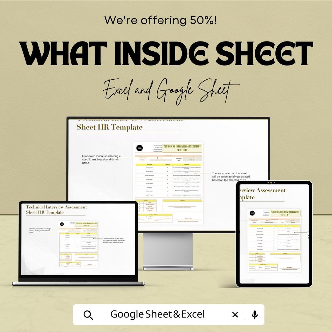 Technical Interview Assessment Sheet Template | Candidate Evaluation Form | Hiring Scorecard Spreadsheet | HR Interview Tracker