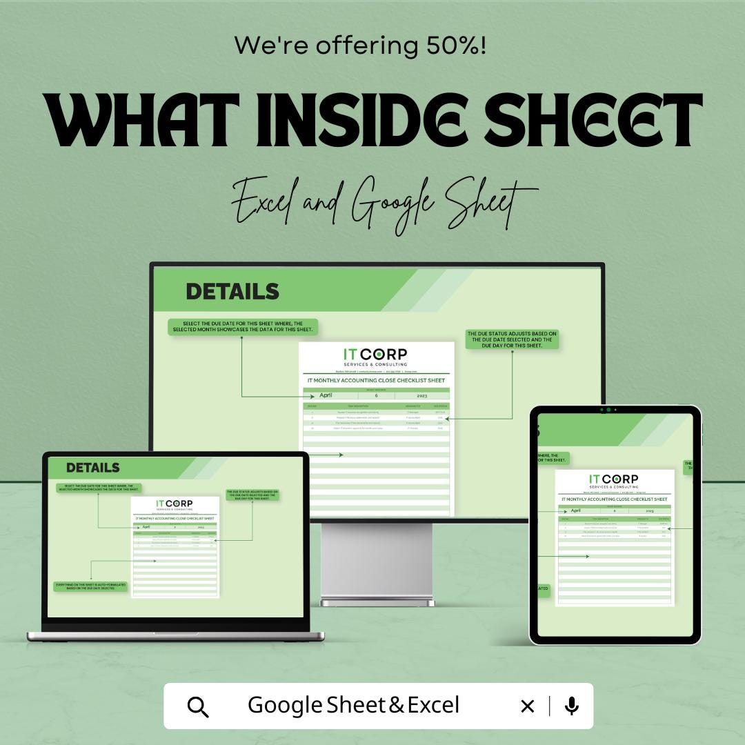 IT Monthly Accounting Close Checklist Template | Month-End Close Checklist | Accounting Task Tracker | Finance Close Process Sheet