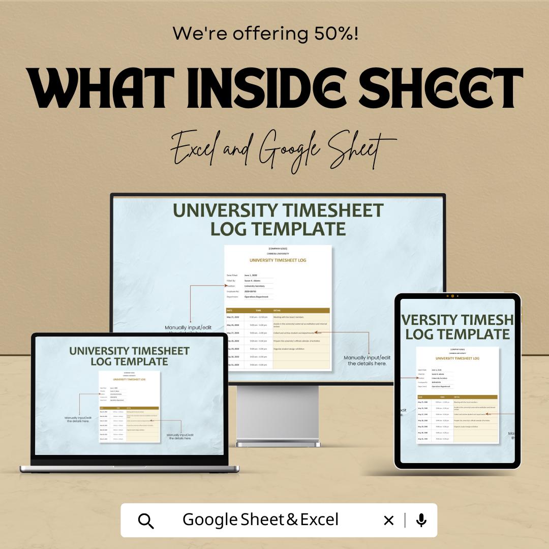 University Timesheet Log Sheet - Google Sheets for Employee Time Tracking - Editable Log for Work Hours & Attendance - Easy Timesheet