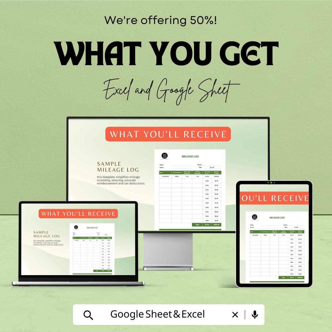 Sample Mileage Log Sheet | Excel and Google Sheets Template | Track Mileage, Trip Purpose, & Expenses | Travel Reimbursement Log